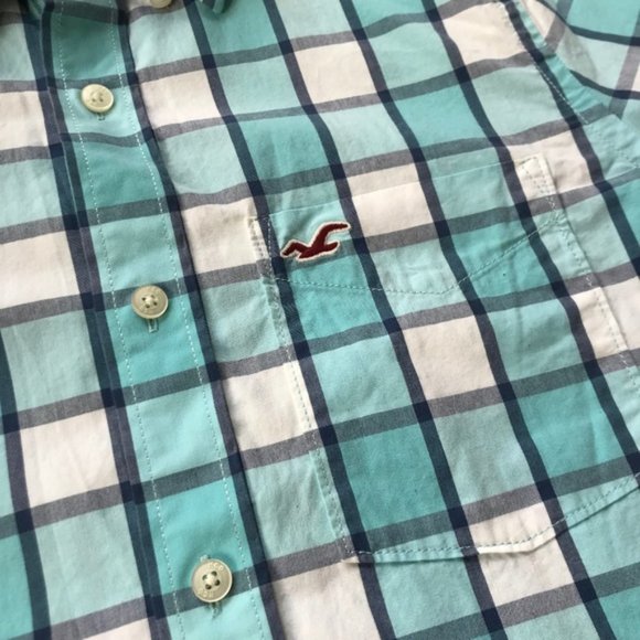 Men's Hollister Teal and White Checkered Button Up - Picture 3 of 10